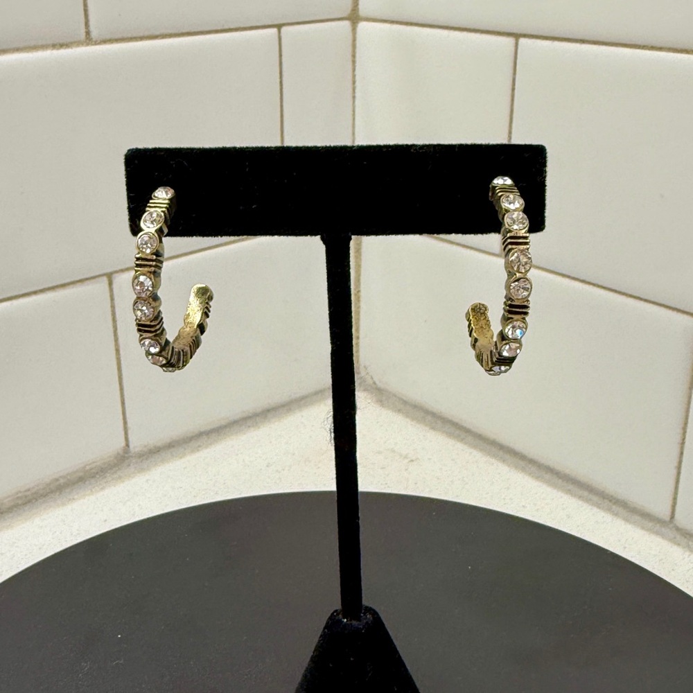Vintage Gold Tone Rhinestone Hoop Earrings Antiqued Statement Hoops